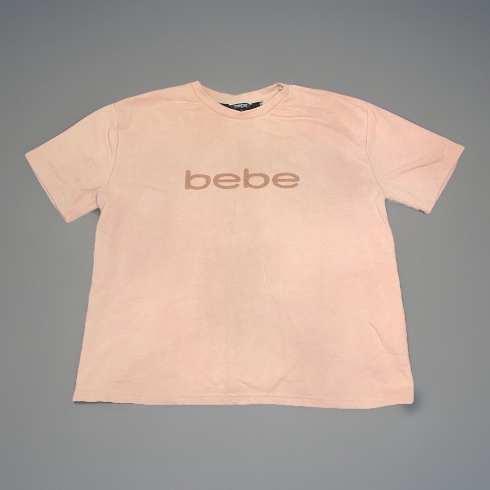 Bebe Sport Womens Short Sleeve Pink Mesh Back Fabric Logo Shirt - Size 2XL